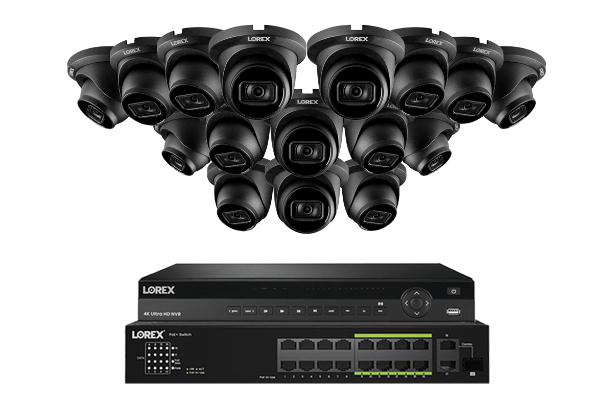 Lorex 4K (32 Camera Capable) 8TB Wired NVR System with Nocturnal 3 16 Black Smart IP Dome Cameras Featuring Listen-In Audio and 30FPS Recording