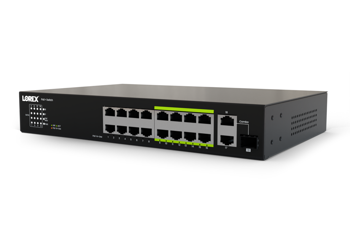 Lorex 16-Port Unmanaged Switch (8-port ePoE and 8-port PoE+) and 250W Power Budget