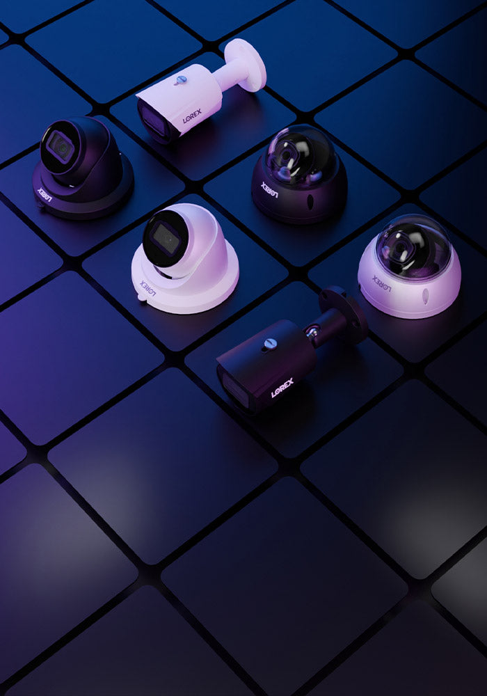 Lorex A4 Series of 2K (4MP) security cameras with listen-in audio, including a variety of dome and bullet models, displayed on a purple geometric background.
