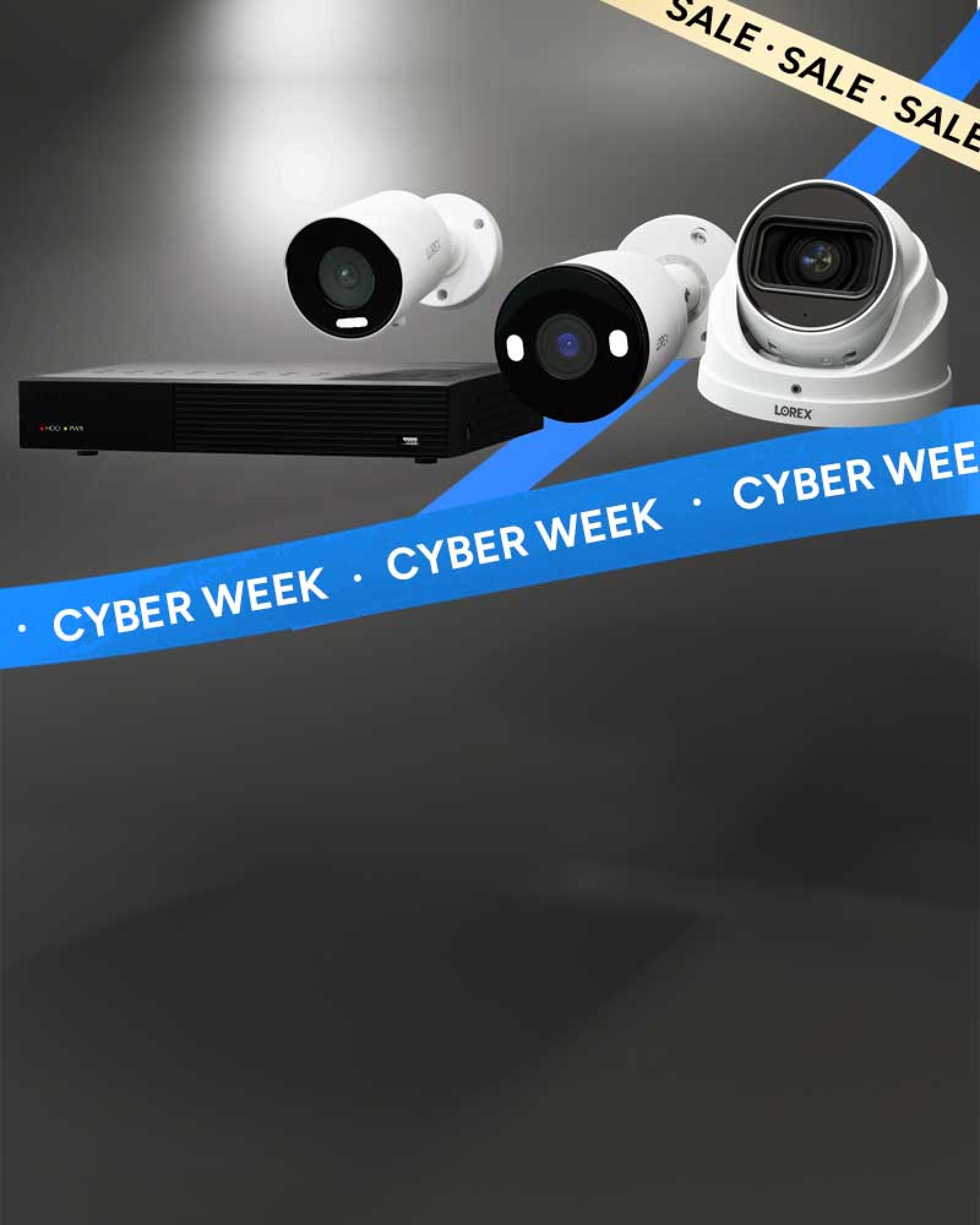 Lorex for Business Cyber Monday banner showing professional security cameras and NVR system with sale ribbons.
