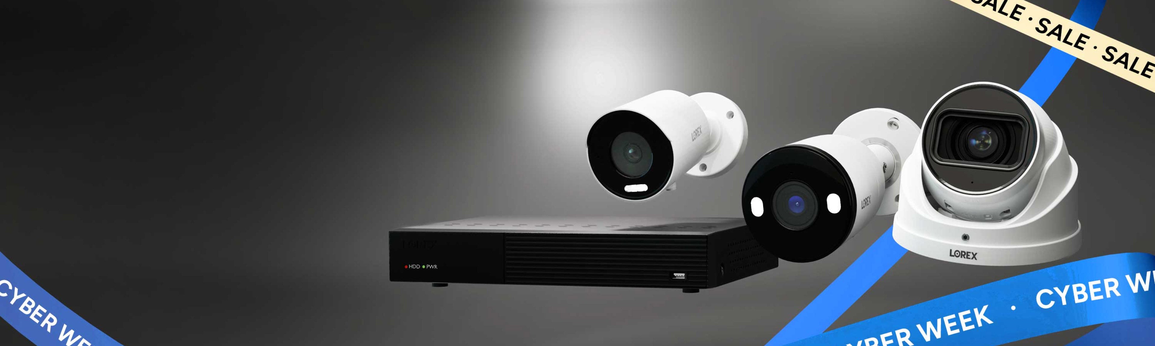 Lorex for Business Cyber Week banner showing professional security cameras and NVR system with sale ribbons.