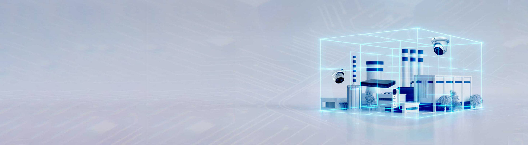 Digital illustration of a commercial building with Lorex cameras and equipment, representing the Build Your Own Security System tool for businesses and installers to create custom bundles.