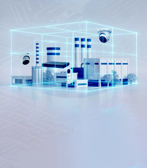 Digital illustration of a commercial building with Lorex cameras and equipment, representing the Build Your Own Security System tool for businesses and installers to create custom bundles.