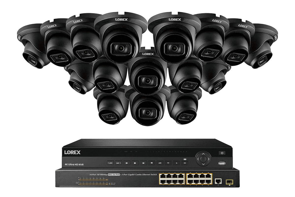 Lorex 4K (32 Camera Capable) 6TB Wired NVR System with 16 Nocturnal 3 Smart IP Turret Cameras Featuring Listen-In Audio and 30FPS Recording