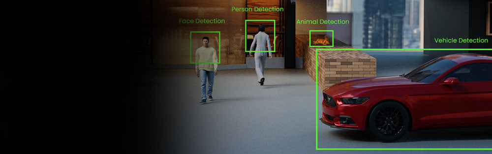 Lorex Video Analytics Banner illustrating Face Detection, Person Detection, Animal Detection, and Vehicle Detection