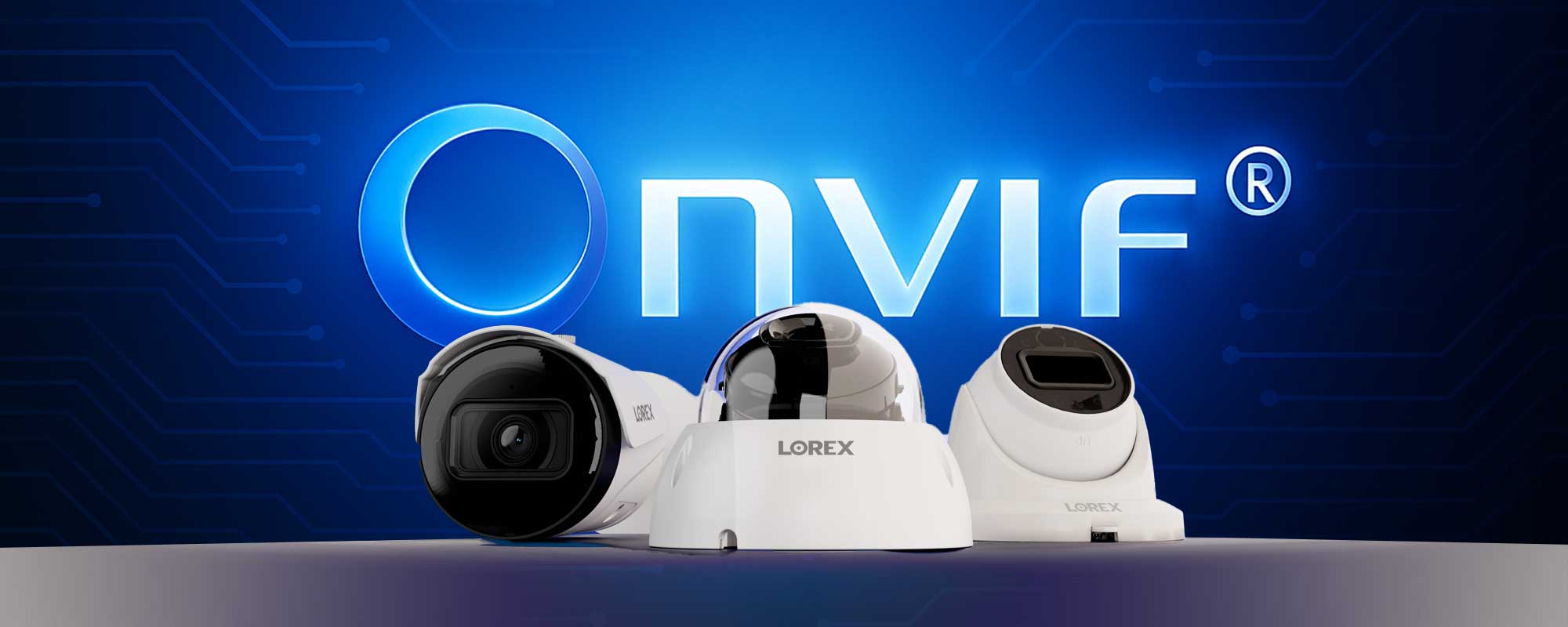 Lorex ONVIF security cameras in front of a blue ONVIF logo, highlighting camera compatibility and integration.
