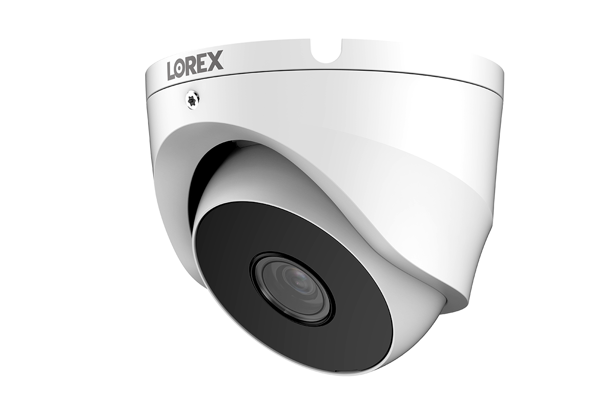 Lorex white analog dome security camera with a sleek design, featuring a black lens housing for business or home surveillance.