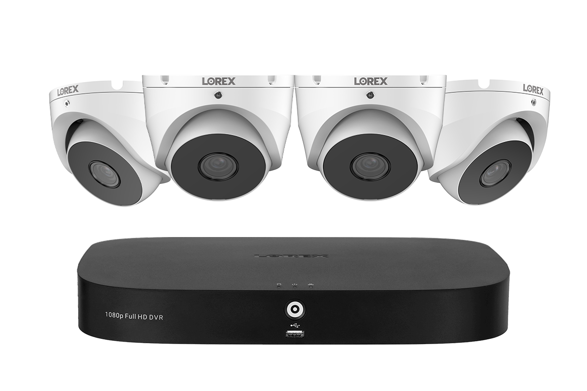 Lorex economical business security system with four white analog dome cameras and a 1080p Full HD DVR for reliable video recording and surveillance.