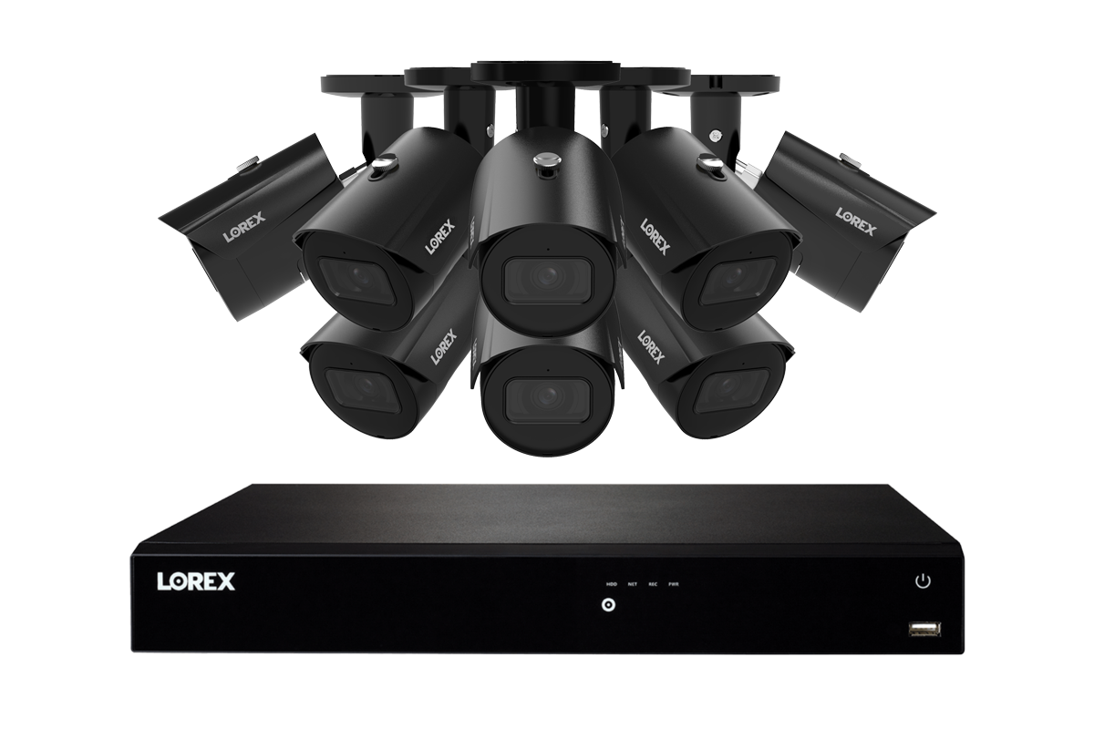 Lorex business security system featuring multiple black bullet cameras and a black network video recorder.