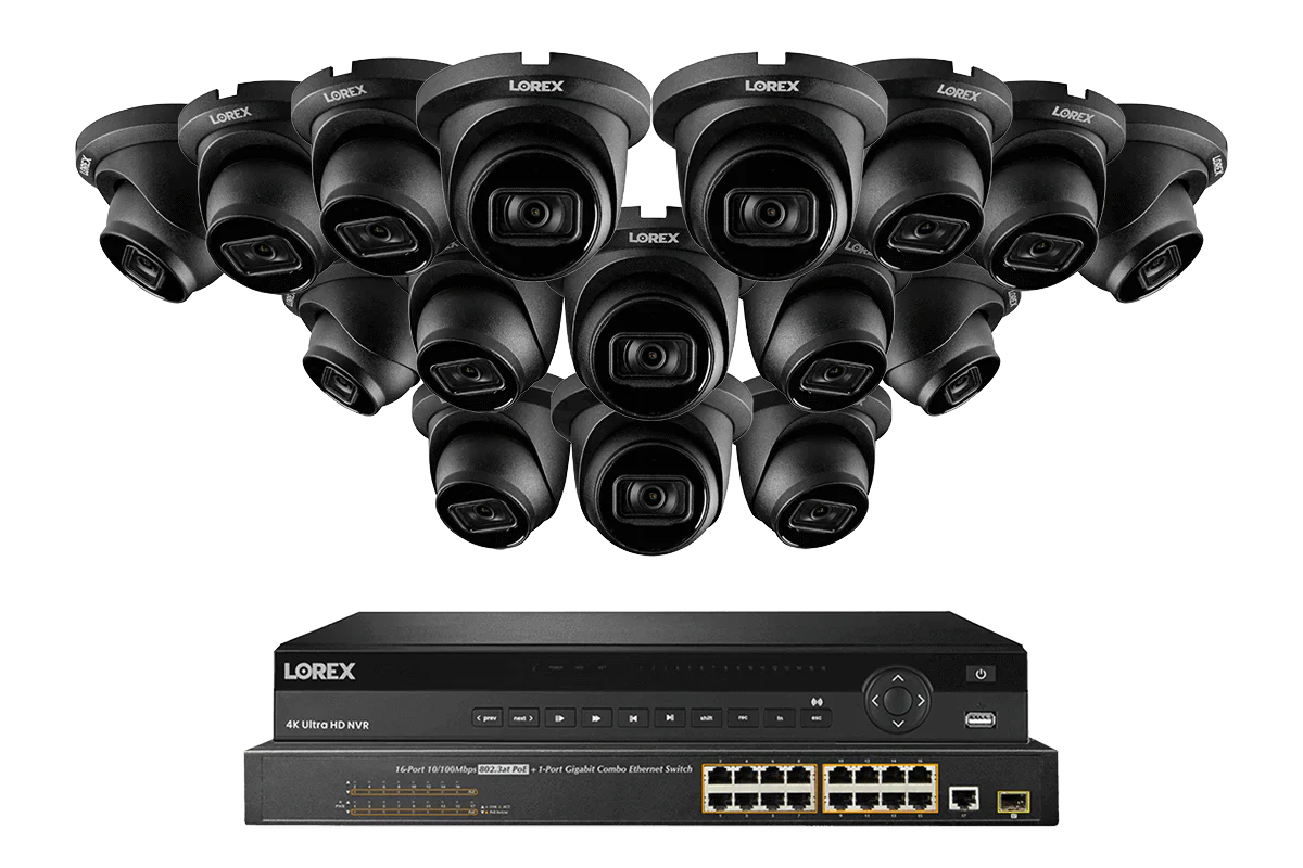 Lorex 32-channel commercial security camera system featuring multiple black dome-style cameras and a 4K Ultra HD network video recorder (NVR) with PoE switch