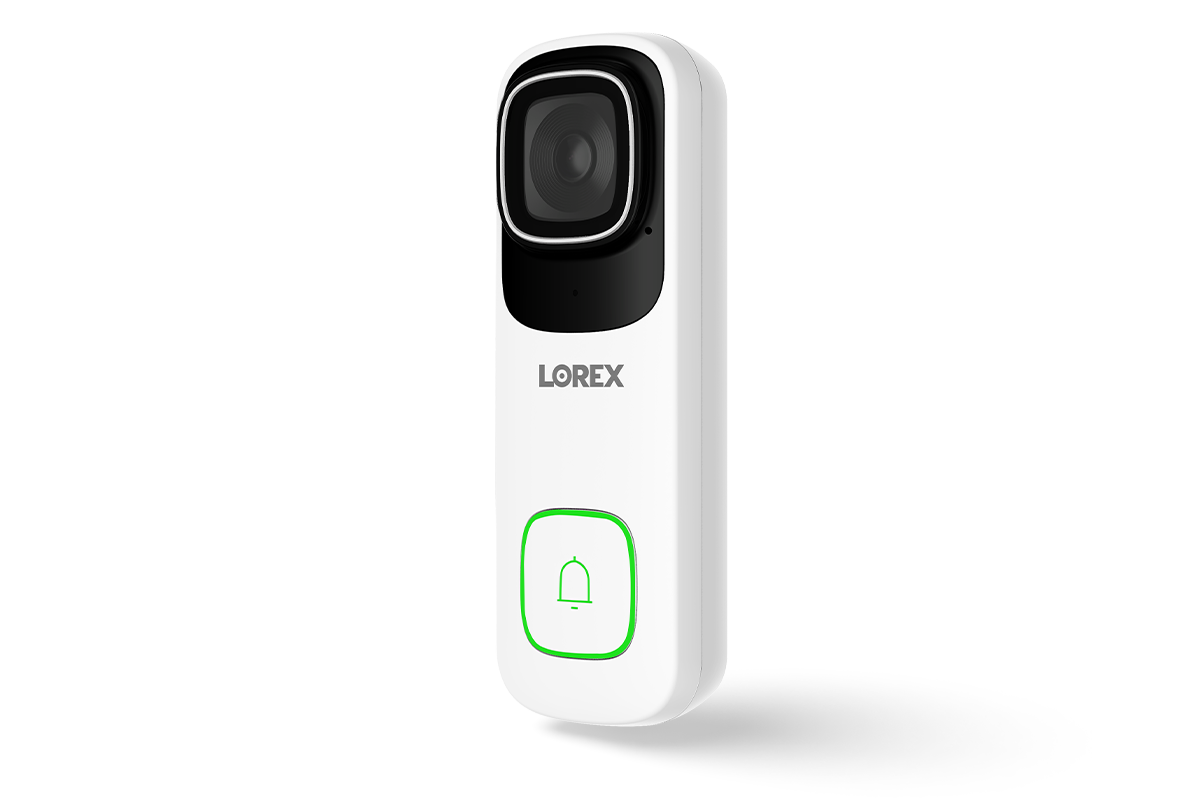 Lorex wired doorbell camera in a sleek white design, featuring a black camera lens at the top, the Lorex logo in the center, and an illuminated green doorbell button at the bottom.