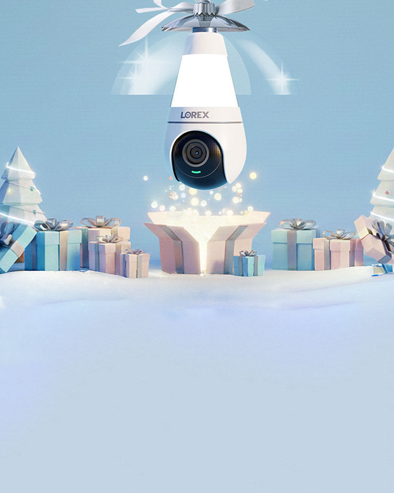 Promotional banner showing a Lorex smart Wi-Fi lightbulb camera offered as a free gift.