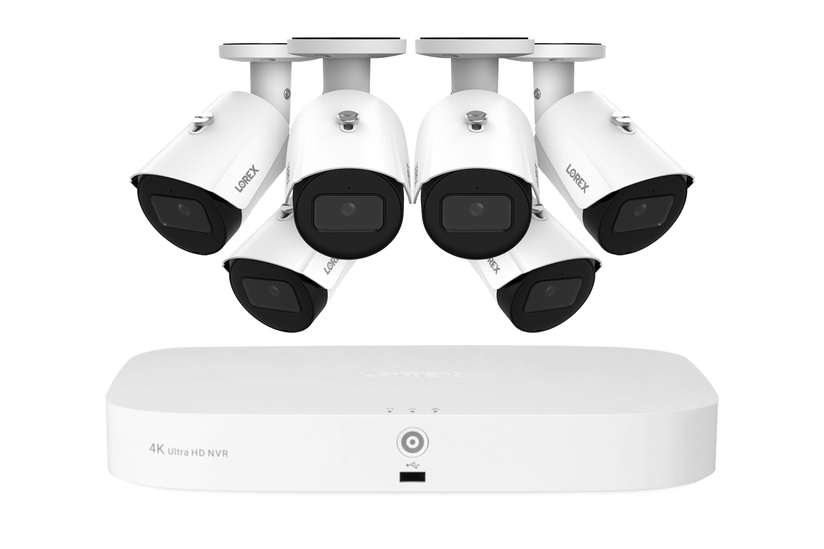 Lorex professional security camera system for businesses, featuring eight white bullet-style cameras and a 4K Ultra HD NVR for high-definition surveillance and monitoring.