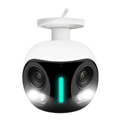 Lorex dual-lens IP security camera with integrated LED lights and sleek white housing for wide-angle surveillance coverage.