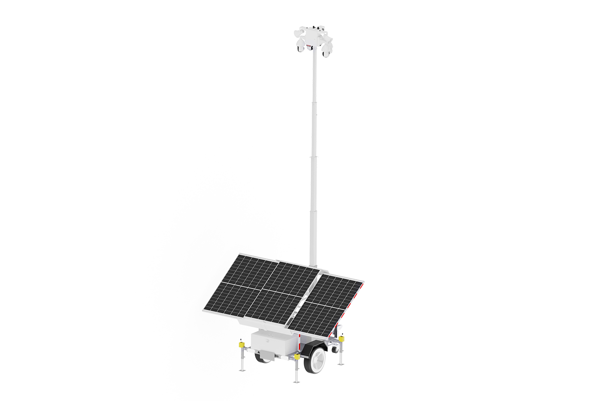 Mobile solar-powered security camera trailer system featuring large solar panels, a tall extendable mast, and multiple mounted security cameras for remote surveillance.