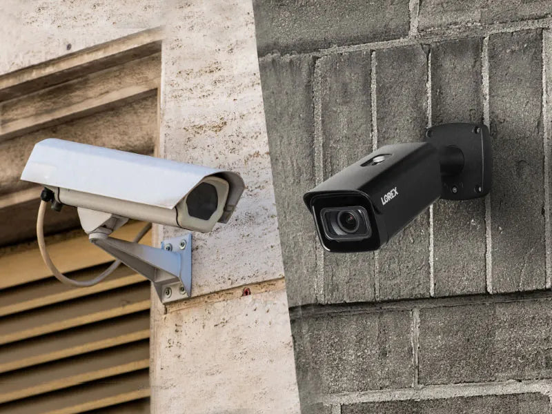 a rusty old out of date security camera on the left and a brand new business security camera on the right