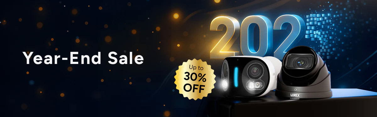 Lorex Year-End Sale banner featuring smart security cameras and doorbell with 2025 graphic background.