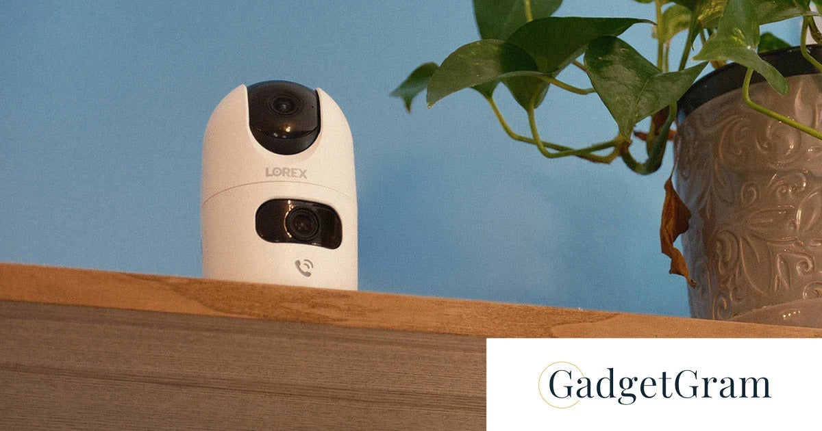 Lorex Connect 2K Dual-Lens Indoor Camera displayed on a shelf beside a potted plant, featured in GadgetGram's review of its smart indoor monitoring capabilities.