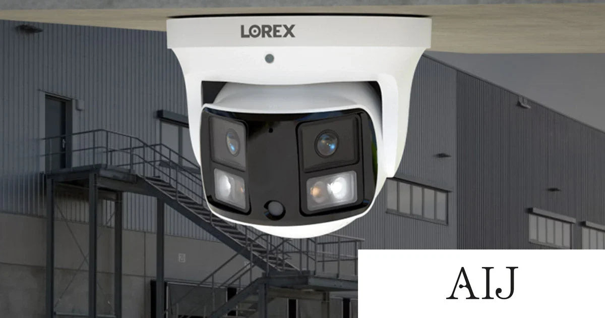 Lorex Connect X3 dual-lens panoramic AI security camera installed outside a commercial building, featured in AI Journal's coverage of AI-powered business security.