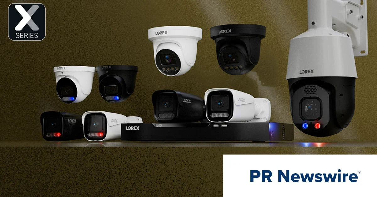 Lorex X Series lineup of professional security cameras and NVR displayed together, showcasing AI-powered surveillance solutions, featured in PR Newswire announcement.