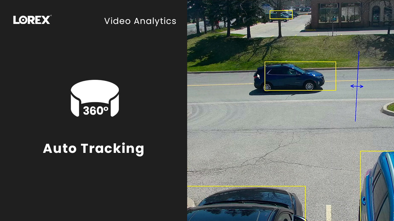 AI-powered auto tracking shown in surveillance footage, with multiple vehicles outlined in yellow boxes and directional tracking arrows, alongside a Lorex graphic labeled “Auto Tracking” with a 360° icon.