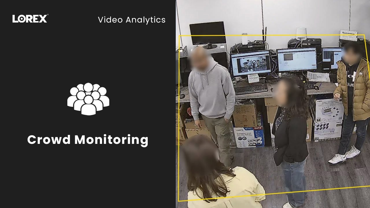AI-powered crowd monitoring shown in indoor surveillance footage, capturing a group of people within a yellow outlined detection zone, alongside a Lorex graphic labeled “Crowd Monitoring.”