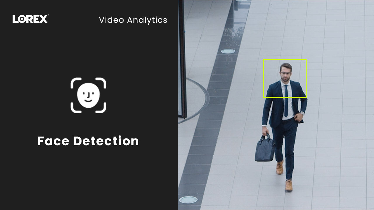 AI-powered face detection in action, showing surveillance footage of a man in a suit walking through a tiled hallway, with his face highlighted by a yellow box next to a Lorex graphic labeled “Face Detection.”