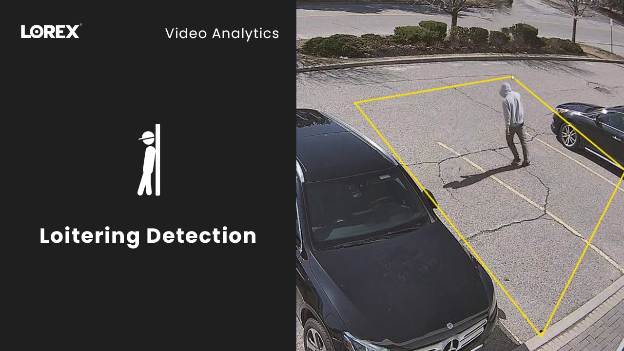 AI-powered loitering detection shown in a parking lot surveillance image, with a person in a hoodie walking within a yellow-outlined zone, alongside a Lorex graphic labeled “Loitering Detection.”