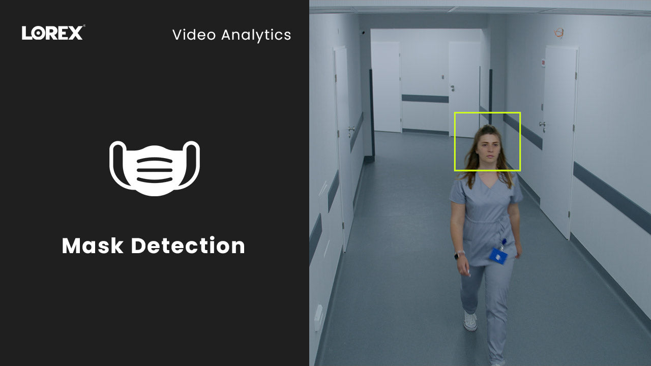 AI-powered mask detection captured in a hallway surveillance image, showing a healthcare worker without a mask outlined by a yellow box, alongside a Lorex graphic labeled “Mask Detection.”