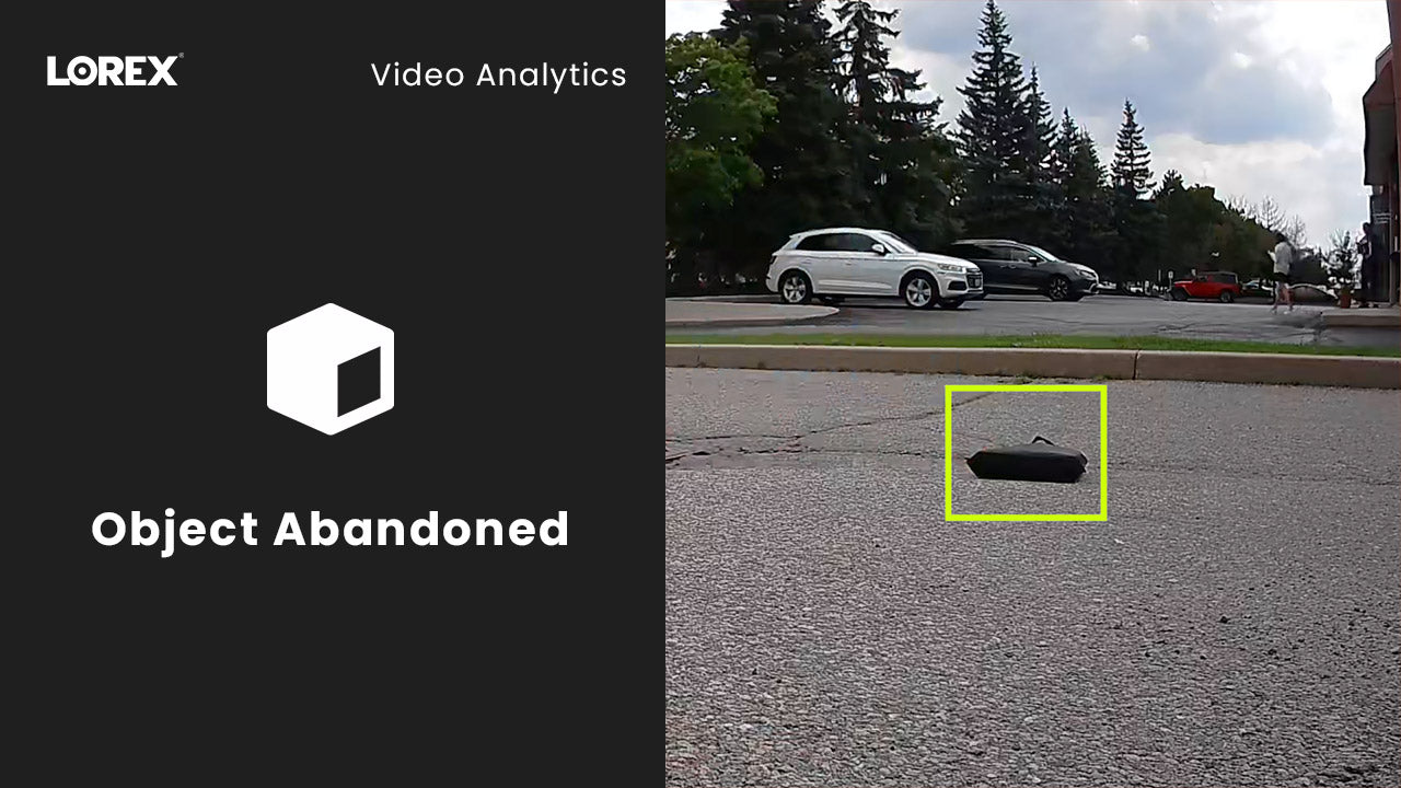 AI-powered object abandoned detection shown in surveillance footage of a parking lot, with a small black bag highlighted by a yellow box, alongside a Lorex graphic labeled “Object Abandoned.”
