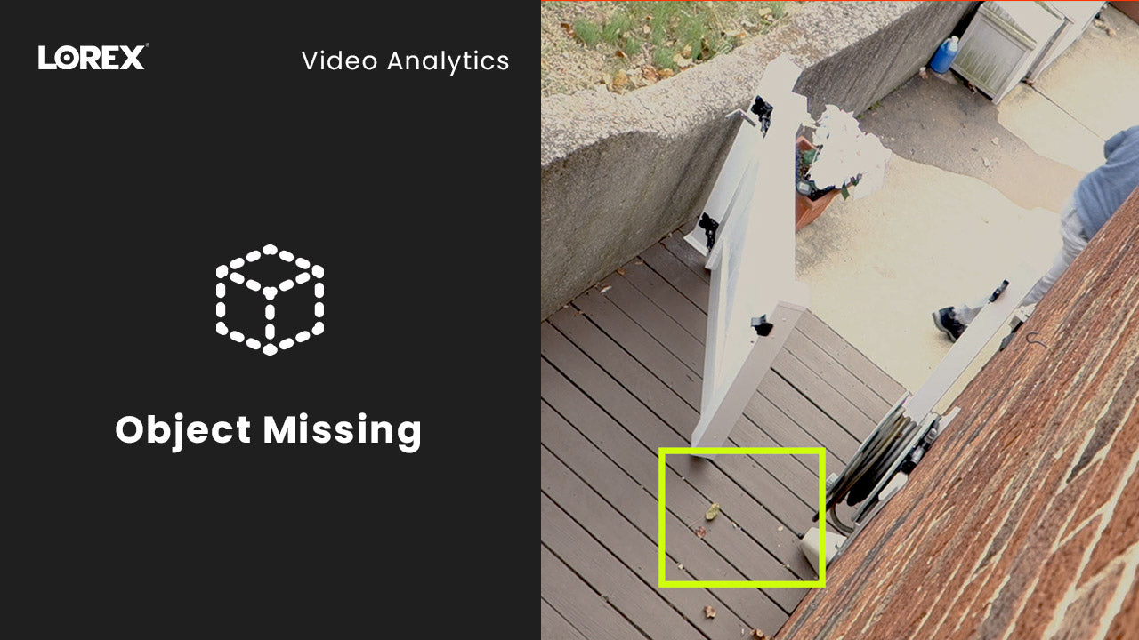 AI-powered object missing detection shown in a backyard surveillance scene, with a highlighted area on a wooden deck where an item has been removed, next to a Lorex graphic labeled “Object Missing.”