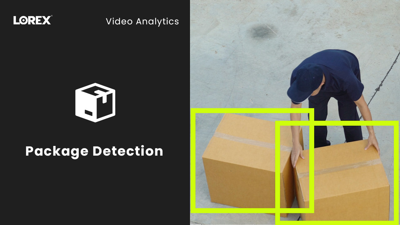 AI-powered package detection shown in surveillance footage of a delivery worker handling two large cardboard boxes, each outlined in yellow, alongside a Lorex graphic labeled “Package Detection.”