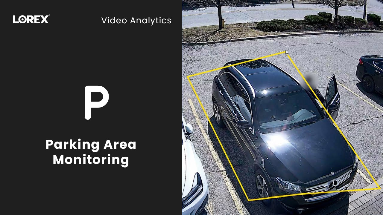 AI-powered parking area monitoring displayed in surveillance footage, highlighting a black SUV parked in a lot with a yellow boundary box, alongside a Lorex graphic labeled “Parking Area Monitoring.”
