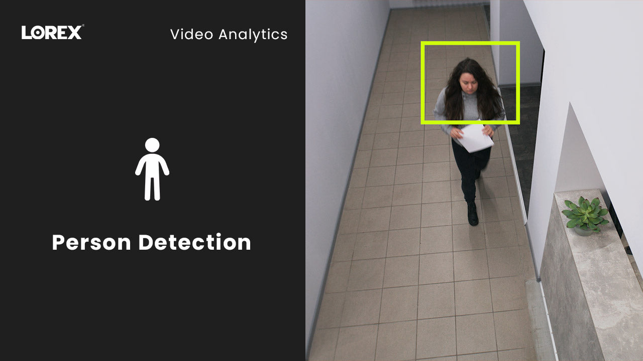 AI-powered person detection shown in hallway surveillance footage, highlighting an individual walking with a yellow box, next to a Lorex graphic labeled “Person Detection.”