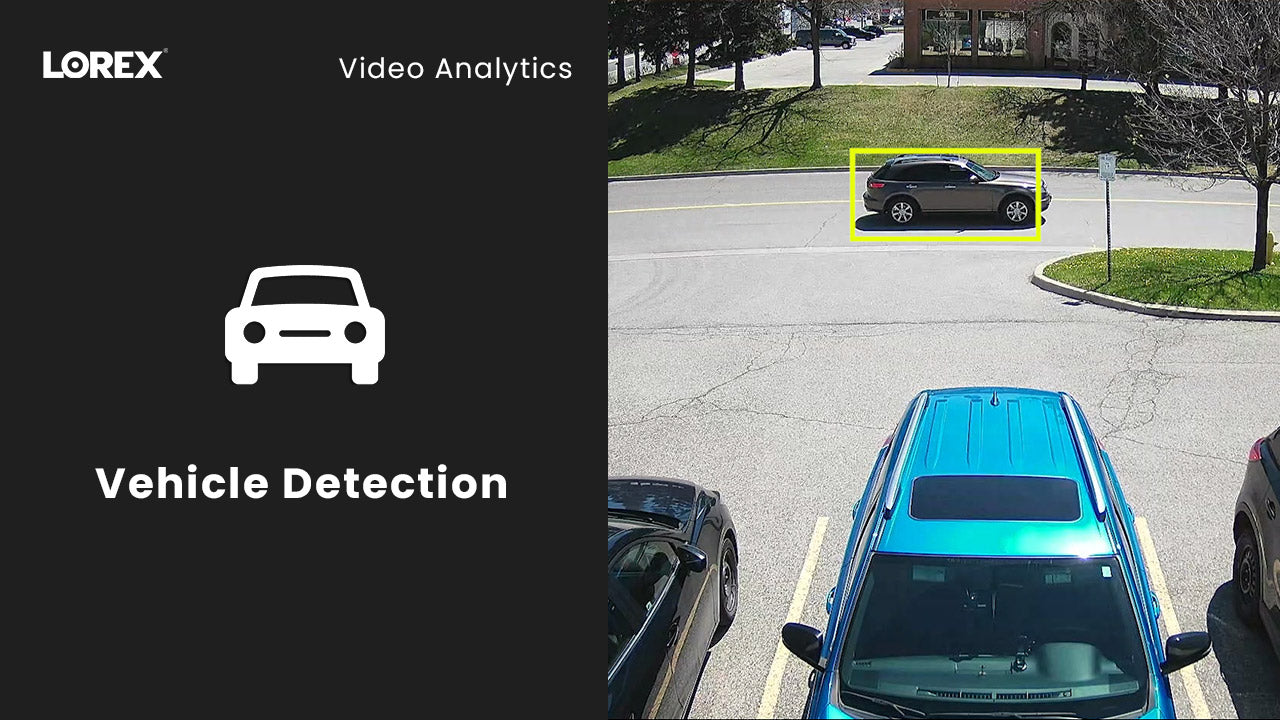 AI-powered vehicle detection displayed in parking lot surveillance footage, with a black SUV outlined in yellow as it drives by, next to a Lorex graphic labeled “Vehicle Detection.”