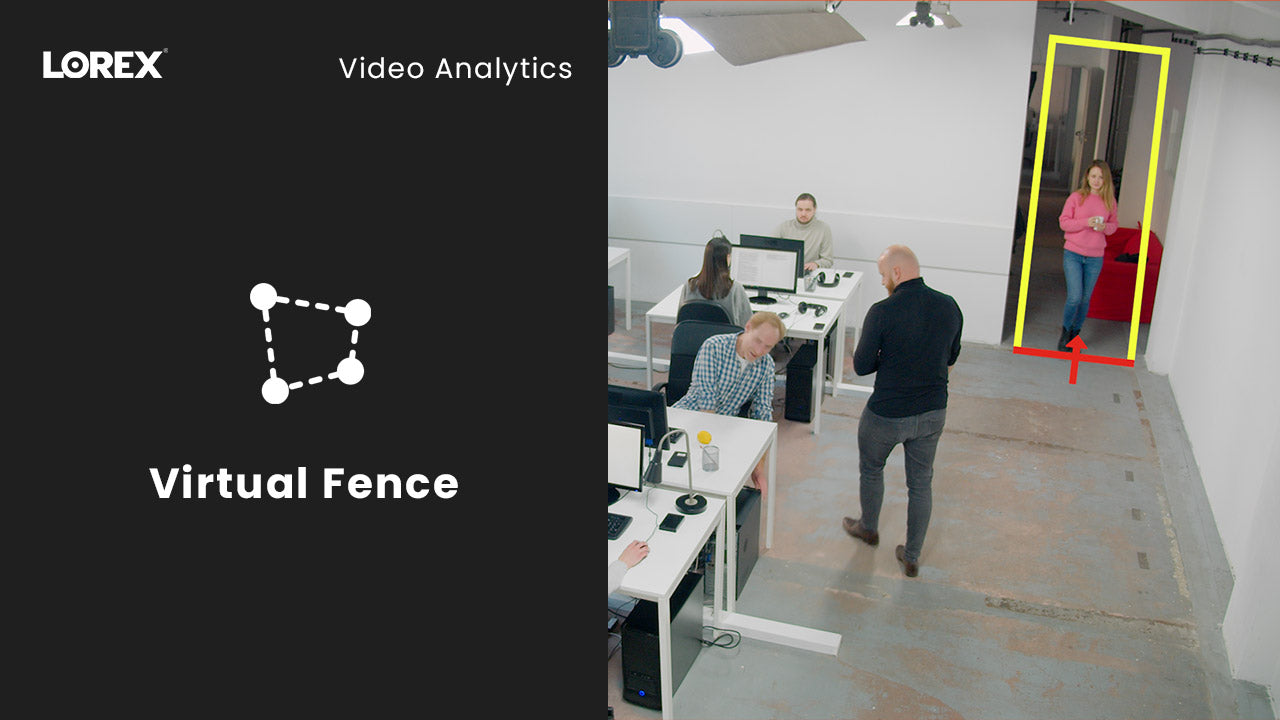 AI-powered virtual fence detection in an office setting, highlighting a person in a yellow box as they cross a red virtual boundary line, with a Lorex graphic labeled “Virtual Fence” on the left.
