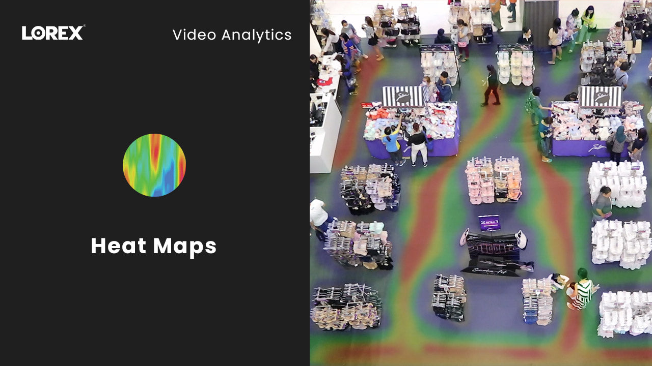 AI-powered heat maps feature shown in a retail surveillance image, highlighting high-traffic zones with color gradients overlaid on the floor, alongside a Lorex graphic labeled “Heat Maps.”