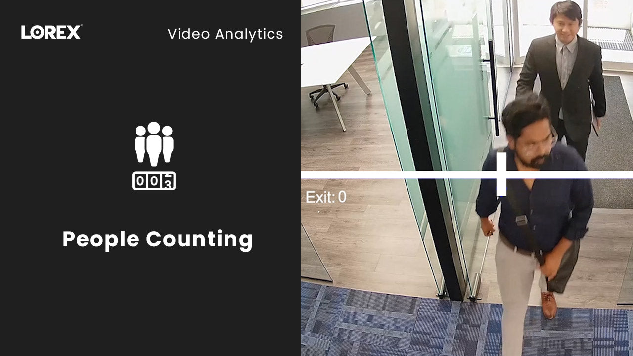 AI-powered people counting feature shown in office surveillance footage, capturing individuals walking through a doorway with a digital counter overlay, next to a Lorex graphic labeled “People Counting.”