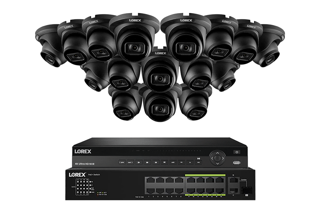 Lorex 4K (32 Camera Capable) 8TB Wired NVR System with Nocturnal 3 16 Black Smart IP Dome Cameras Featuring Listen-In Audio and 30FPS Recording