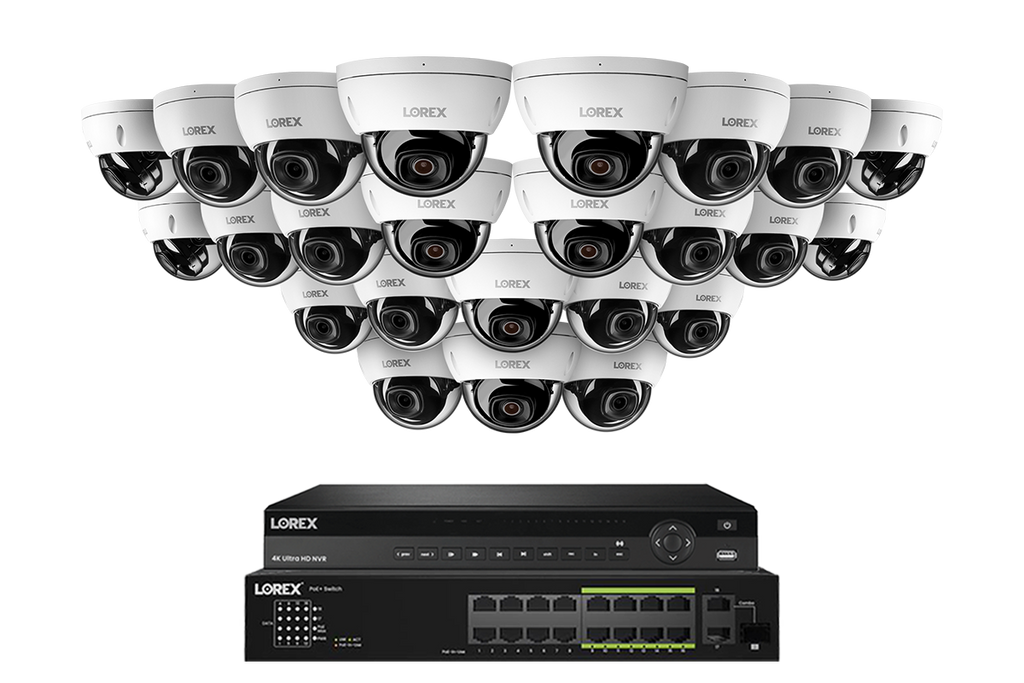 Lorex Pro  Series 4K 32 Camera Capable 8TB Wired NVR System with 8MP (4K) A10 IP Dome Cameras - White 24