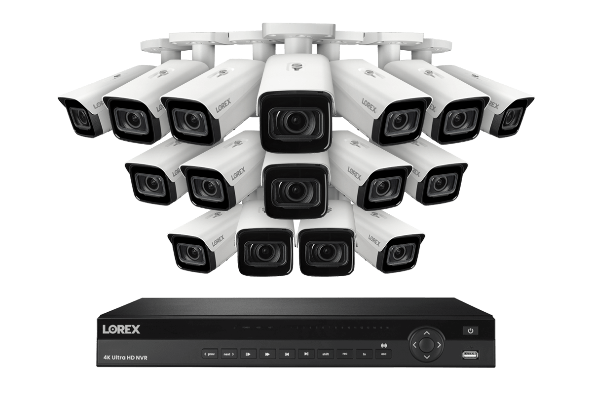 Lorex 4K (16 Camera Capable) 4TB Wired NVR System with Nocturnal 4 Smart IP Bullet Cameras Featuring Motorized Varifocal Lens, Vandal Resistant and 30FPS - White 16