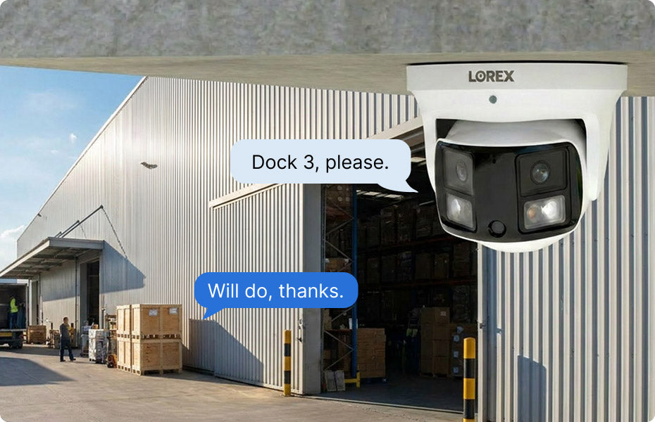 Lorex X Series security camera with built-in audio for two-way communication at a loading dock.