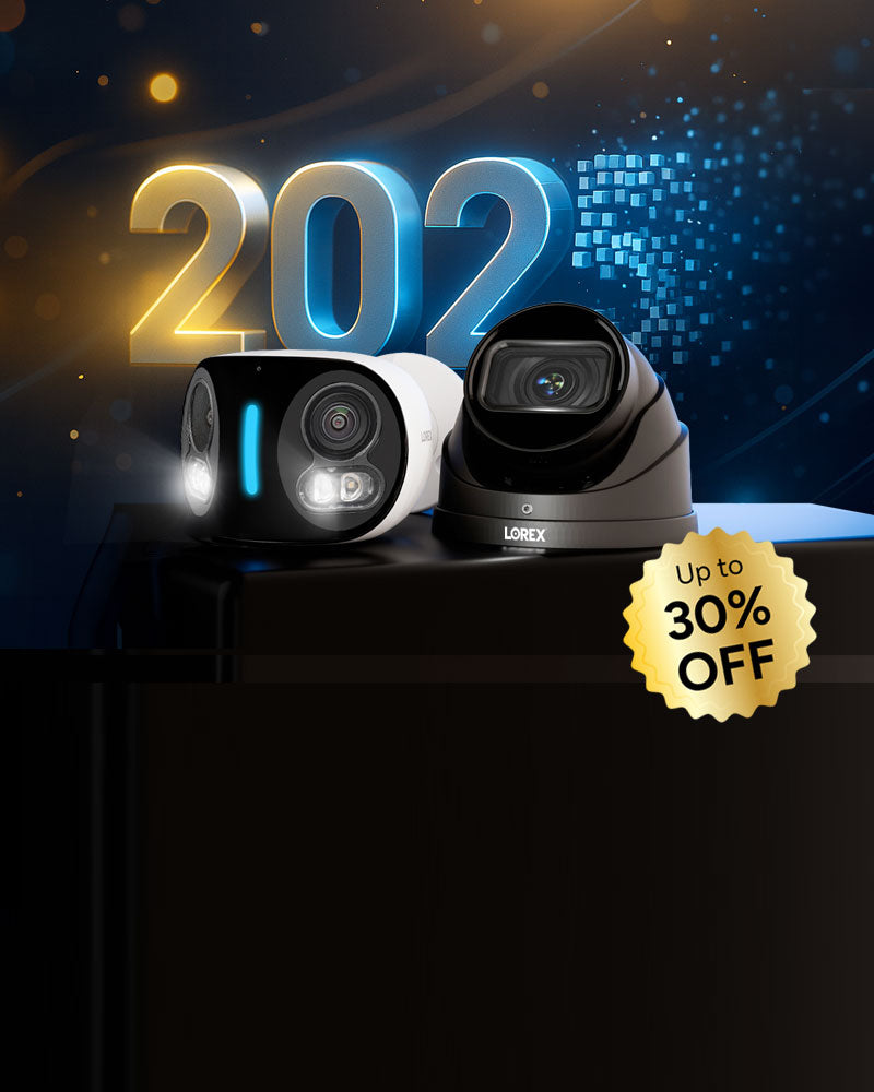 Lorex Year-End Sale banner featuring smart security cameras and doorbell with 2025 graphic background.