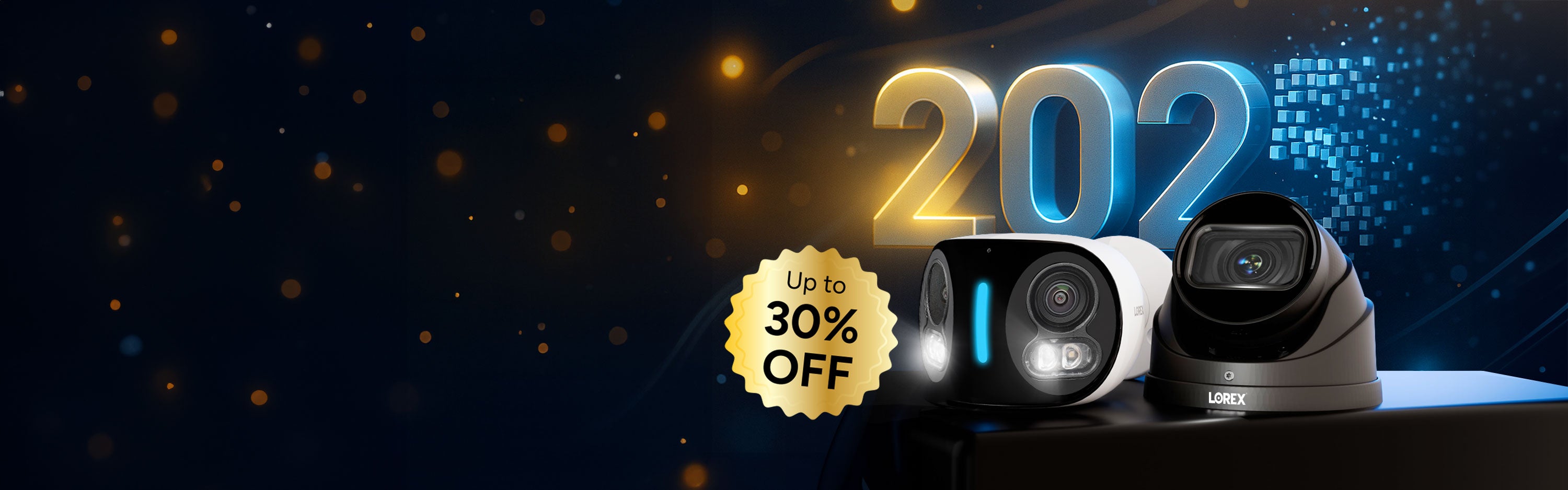 Lorex Year-End Sale banner featuring smart security cameras and doorbell with 2025 graphic background.