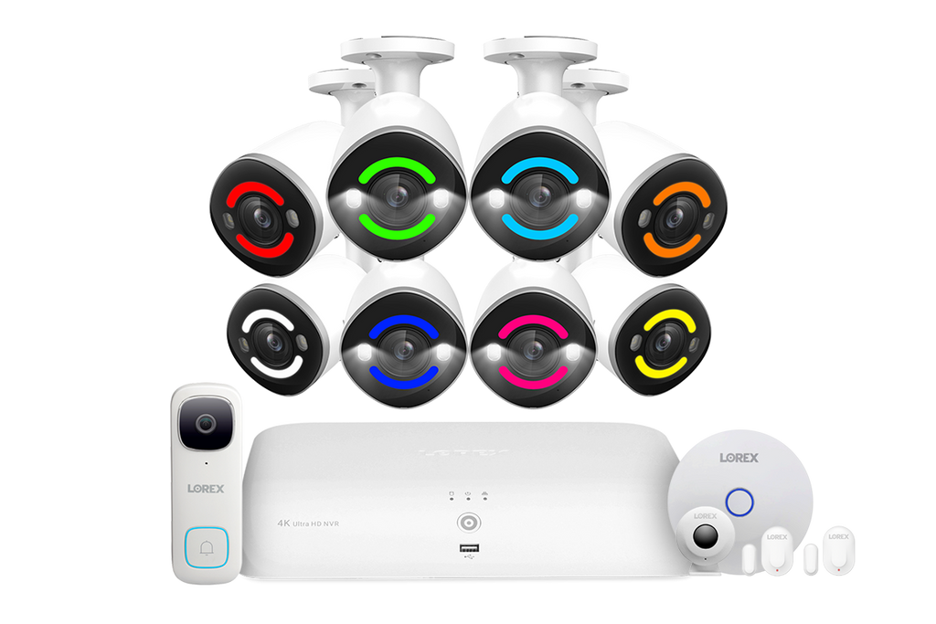 Lorex Fusion 4K 16-channel 2TB Wired NVR System with Eight Deterrence Bullet Wired Cameras plus One 2K Doorbell and One Sensor Kit with Three Sensors