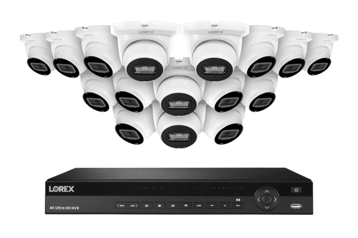 Lorex Fusion Series 4K 16 Camera Capable (Wired or Fusion Wi-Fi) 4TB Wired NVR System with 4MP (2K) A4 IP Turret Cameras - White 16