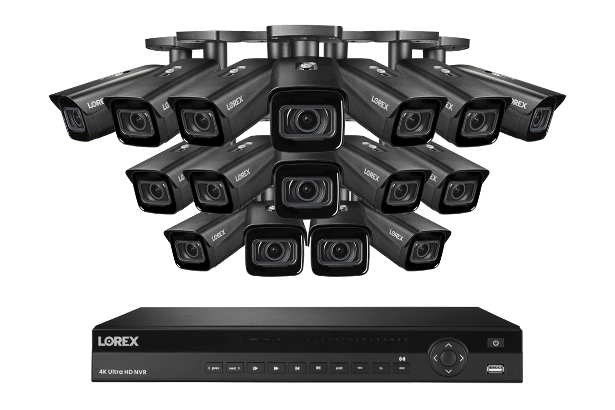 Lorex 4K (16 Camera Capable) 4TB Wired NVR System with Nocturnal 4 Smart IP Bullet Cameras Featuring Motorized Varifocal Lens, Vandal Resistant and 30FPS - Black 16