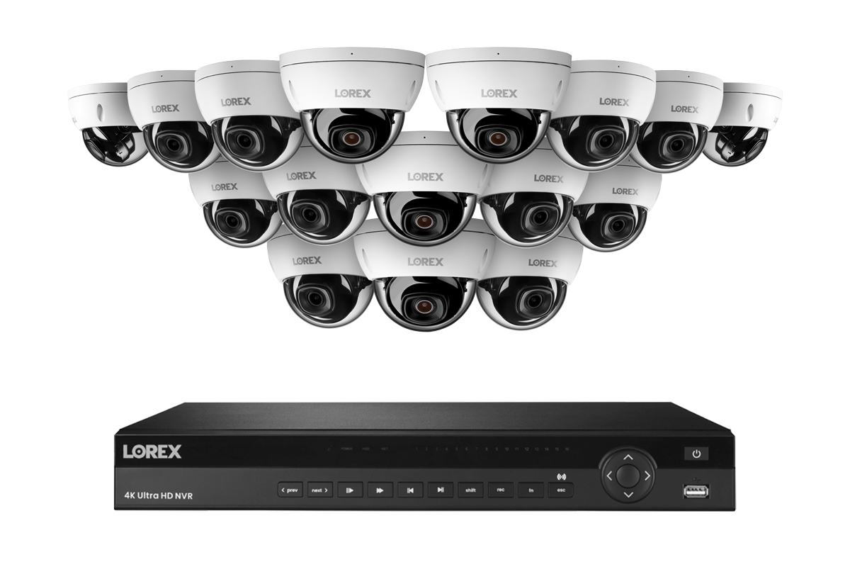 Lorex Fusion 4K 16-Channel (Wired or Wi-Fi) 4TB NVR System with IP Dome Cameras featuring Listen-In Audio and IK10 Vandal Proof Rating