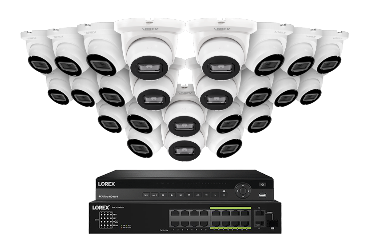 Lorex Pro Series 4K 32 Camera Capable 8TB Wired NVR System with 4MP (2K) A4 IP Turret Cameras - White 24