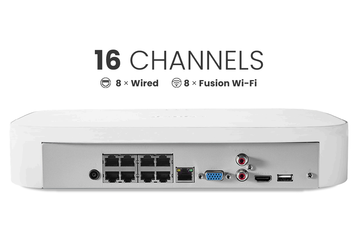 Lorex Fusion 4K 16 Camera Capable (8 Wired + 8 Fusion Wi-Fi) 2TB Wired NVR System with 4 Bullet Cameras Featuring Smart Security Lighting
